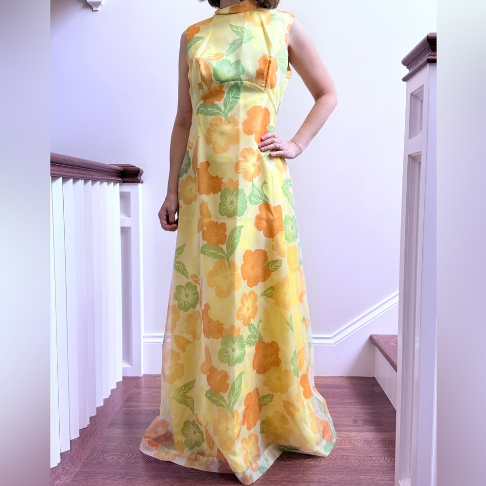 VINTAGE 1960s 1970s Maxi Dress Butter Yellow Flower Power Hawaii Tropical M